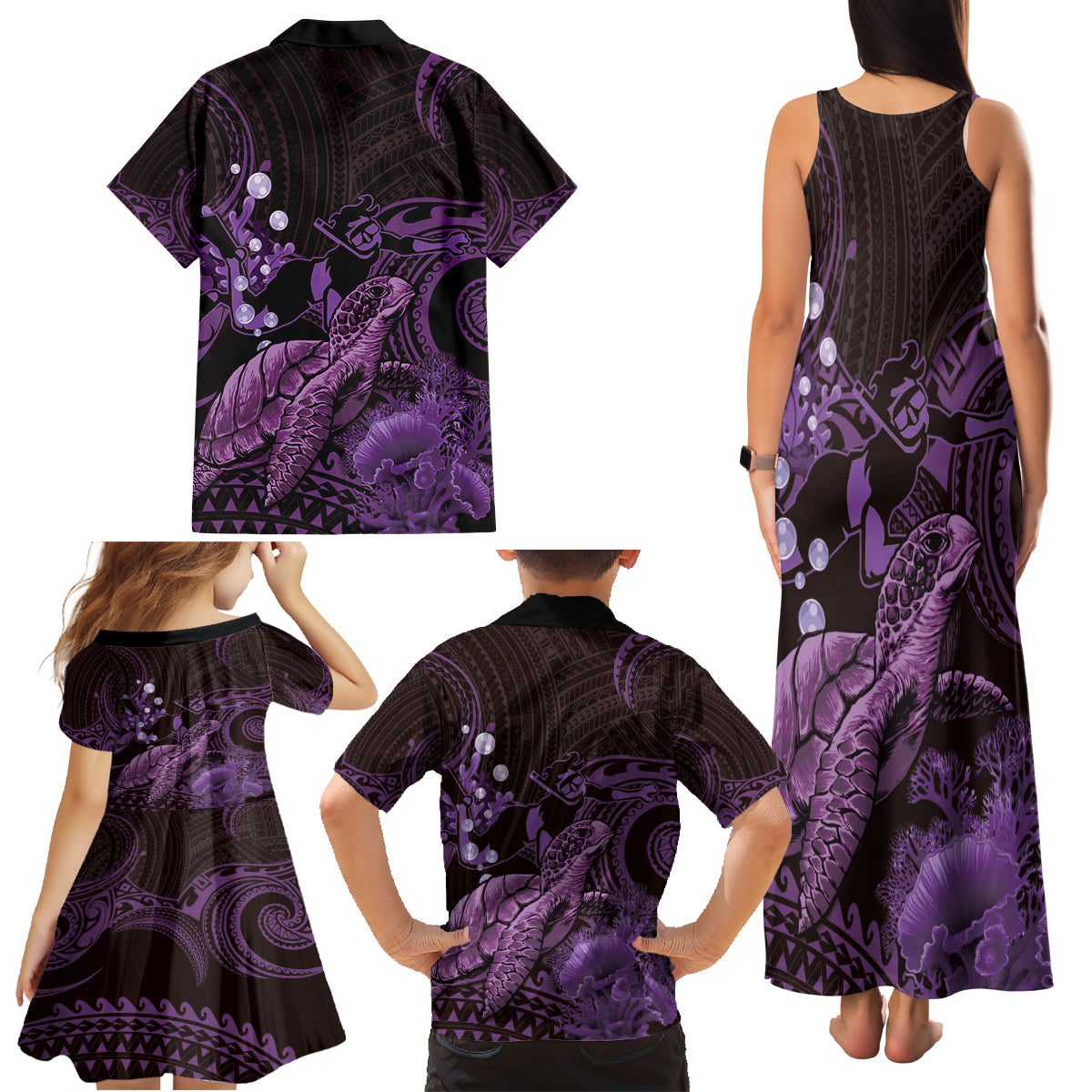 Purple Aloha Hawaii Family Matching Tank Maxi Dress and Hawaiian Shirt Snorkeling With Sea Turtle Polynesian Pattern LT14 - Polynesian Pride