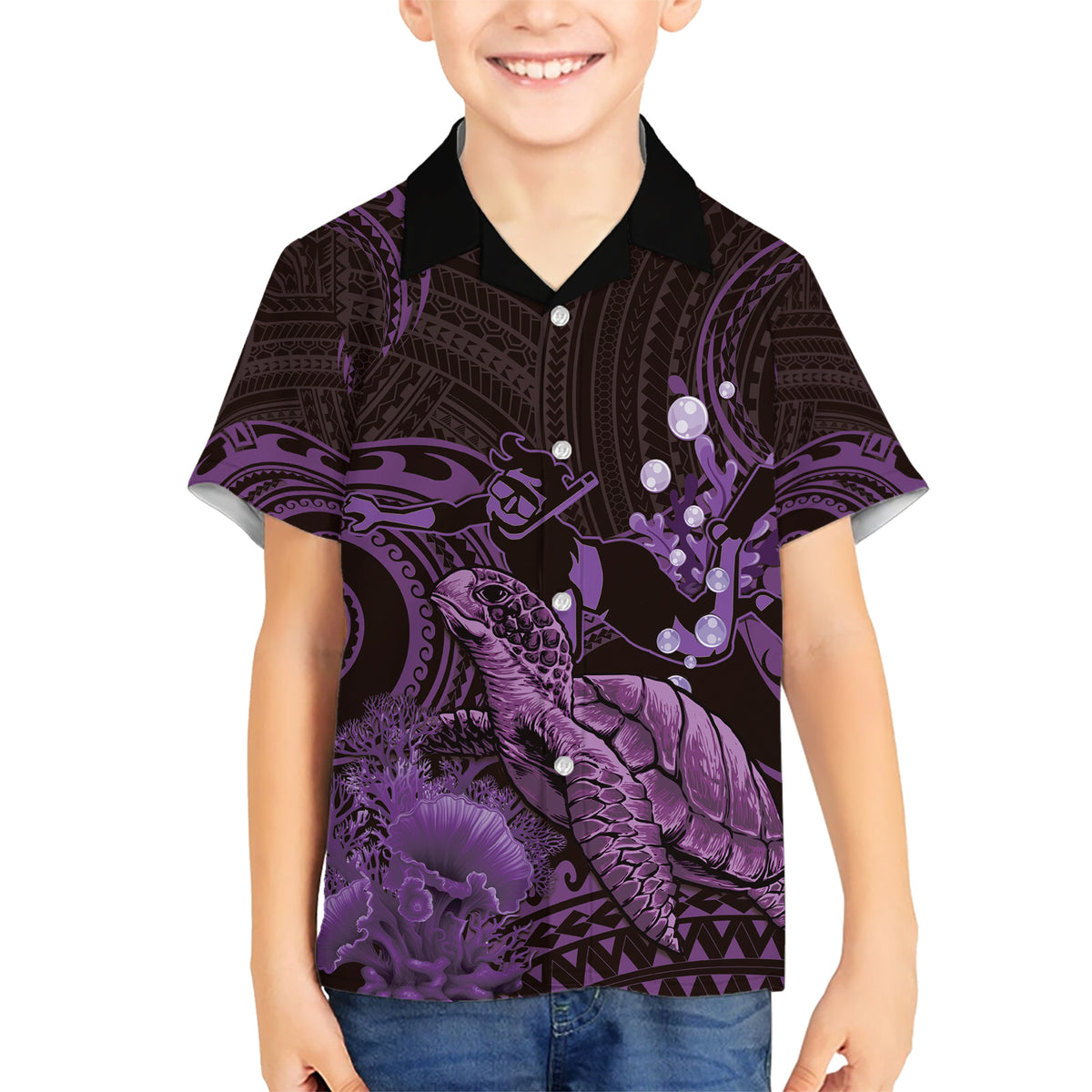 Purple Aloha Hawaii Kid Hawaiian Shirt Snorkeling With Sea Turtle Polynesian Pattern LT14 Kid Purple - Polynesian Pride