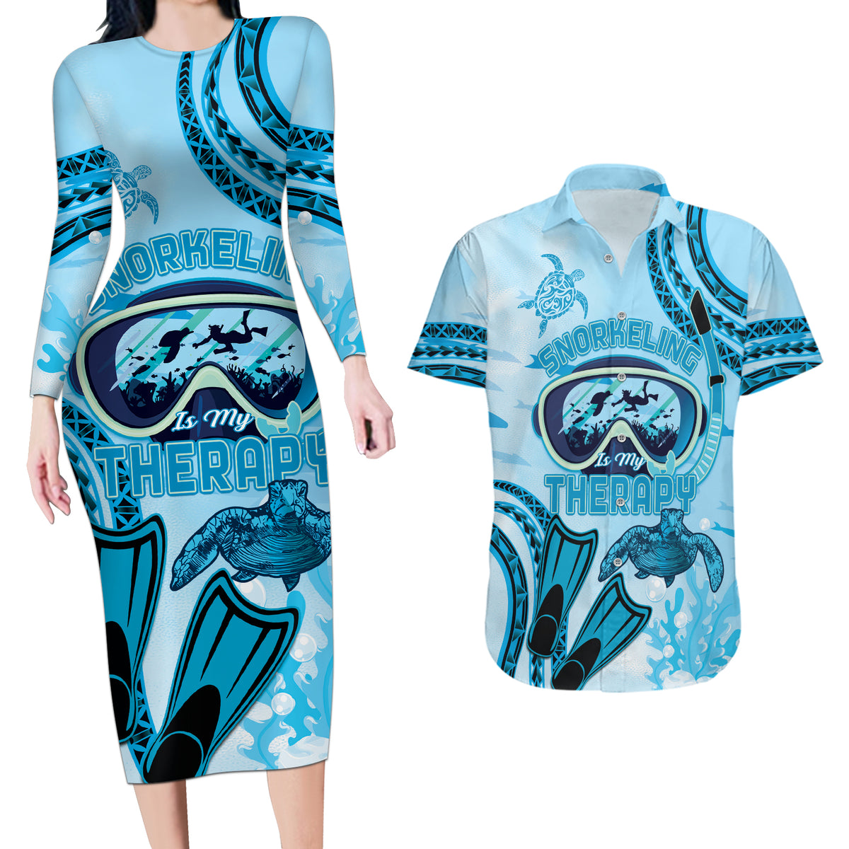 Hawaii Sea Turtle Snorkeling Is My Therapy Couples Matching Long Sleeve Bodycon Dress and Hawaiian Shirt LT14 Blue - Polynesian Pride