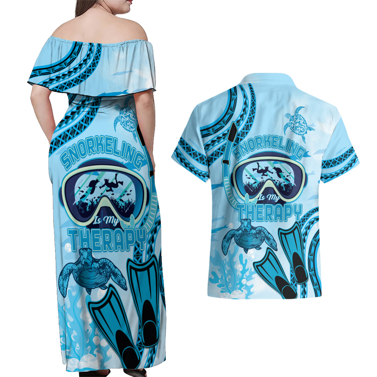 Hawaii Sea Turtle Snorkeling Is My Therapy Couples Matching Off Shoulder Maxi Dress and Hawaiian Shirt LT14 - Polynesian Pride