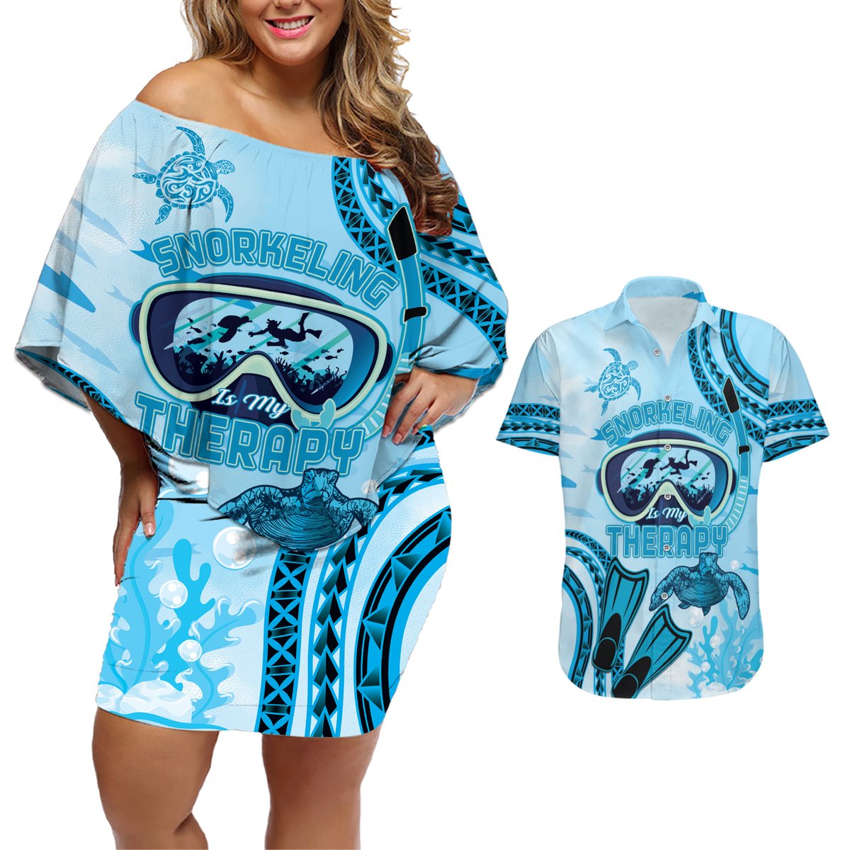 Hawaii Sea Turtle Snorkeling Is My Therapy Couples Matching Off Shoulder Short Dress and Hawaiian Shirt LT14 Blue - Polynesian Pride