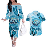Hawaii Sea Turtle Snorkeling Is My Therapy Couples Matching Off The Shoulder Long Sleeve Dress and Hawaiian Shirt LT14 Blue - Polynesian Pride