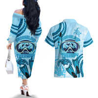 Hawaii Sea Turtle Snorkeling Is My Therapy Couples Matching Off The Shoulder Long Sleeve Dress and Hawaiian Shirt LT14 - Polynesian Pride