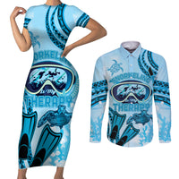 Hawaii Sea Turtle Snorkeling Is My Therapy Couples Matching Short Sleeve Bodycon Dress and Long Sleeve Button Shirt LT14 Blue - Polynesian Pride