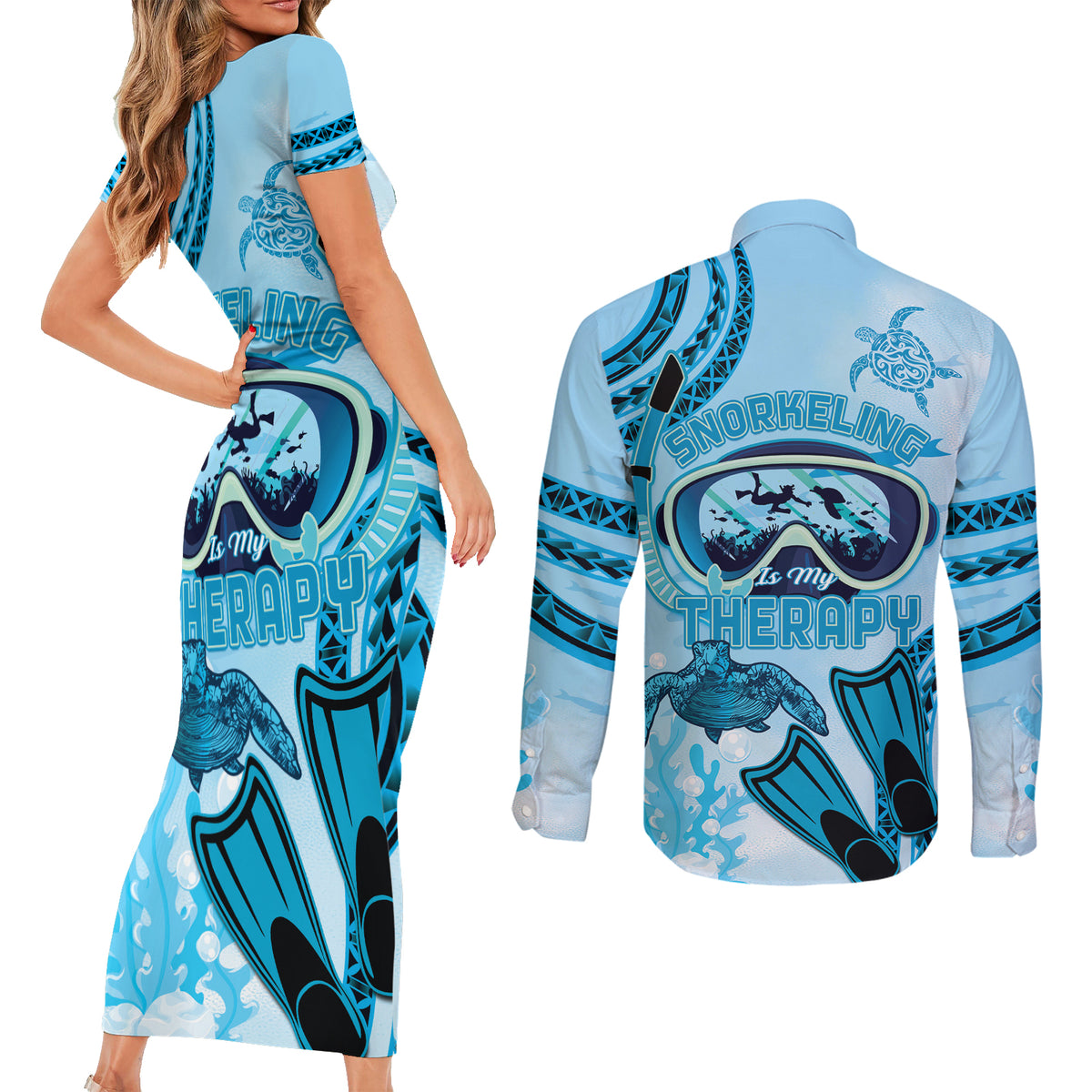Hawaii Sea Turtle Snorkeling Is My Therapy Couples Matching Short Sleeve Bodycon Dress and Long Sleeve Button Shirt LT14 - Polynesian Pride