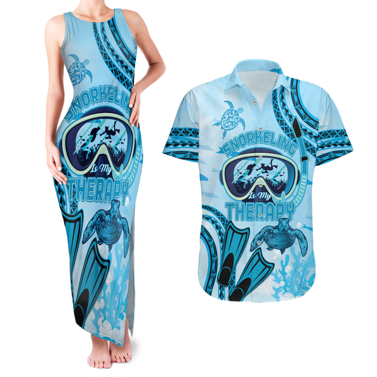Hawaii Sea Turtle Snorkeling Is My Therapy Couples Matching Tank Maxi Dress and Hawaiian Shirt LT14 Blue - Polynesian Pride