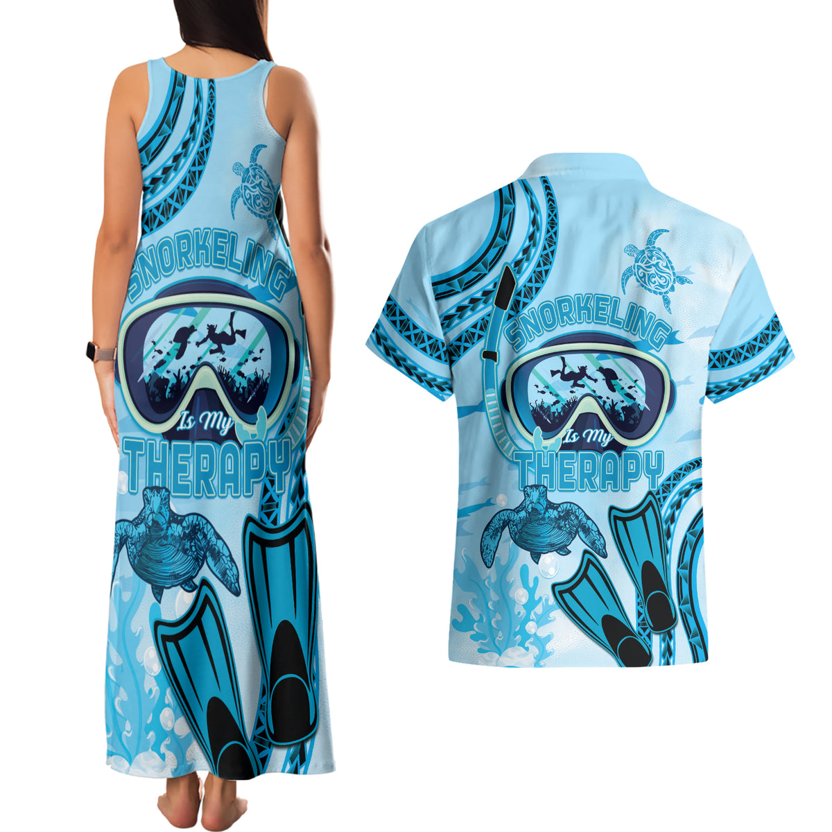 Hawaii Sea Turtle Snorkeling Is My Therapy Couples Matching Tank Maxi Dress and Hawaiian Shirt LT14 - Polynesian Pride