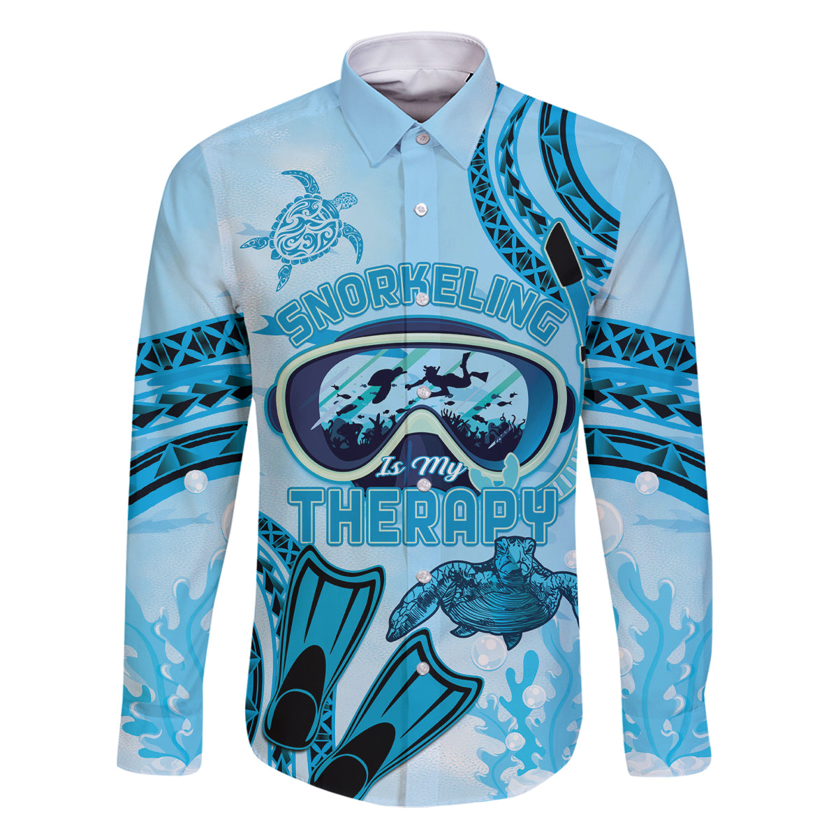 Hawaii Sea Turtle Snorkeling Is My Therapy Family Matching Long Sleeve Bodycon Dress and Hawaiian Shirt LT14 Dad's Shirt - Long Sleeve Blue - Polynesian Pride
