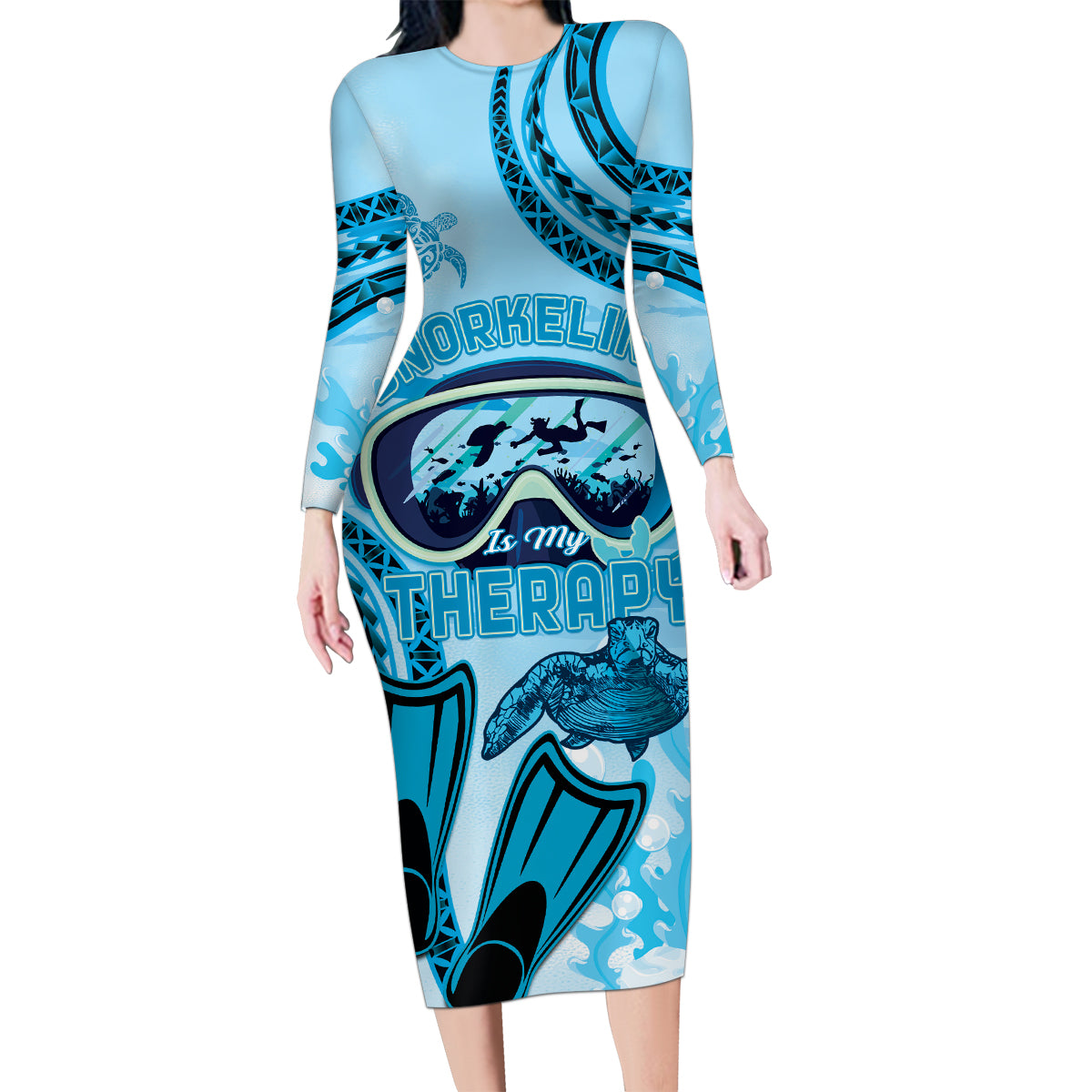 Hawaii Sea Turtle Snorkeling Is My Therapy Family Matching Long Sleeve Bodycon Dress and Hawaiian Shirt LT14 Mom's Dress Blue - Polynesian Pride