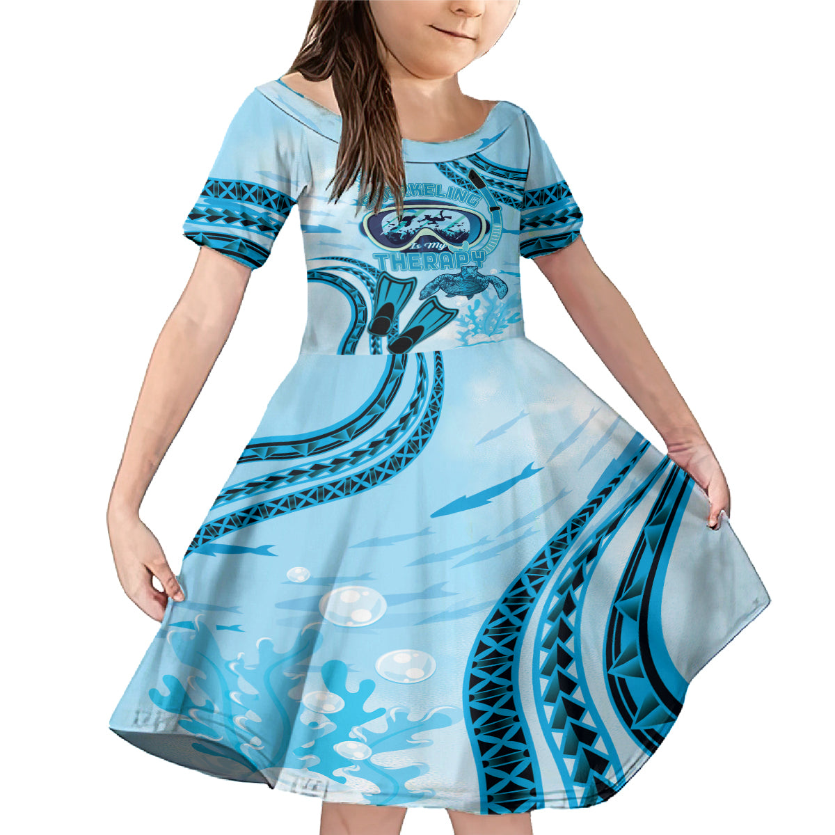 Hawaii Sea Turtle Snorkeling Is My Therapy Family Matching Mermaid Dress and Hawaiian Shirt LT14 Daughter's Dress Blue - Polynesian Pride