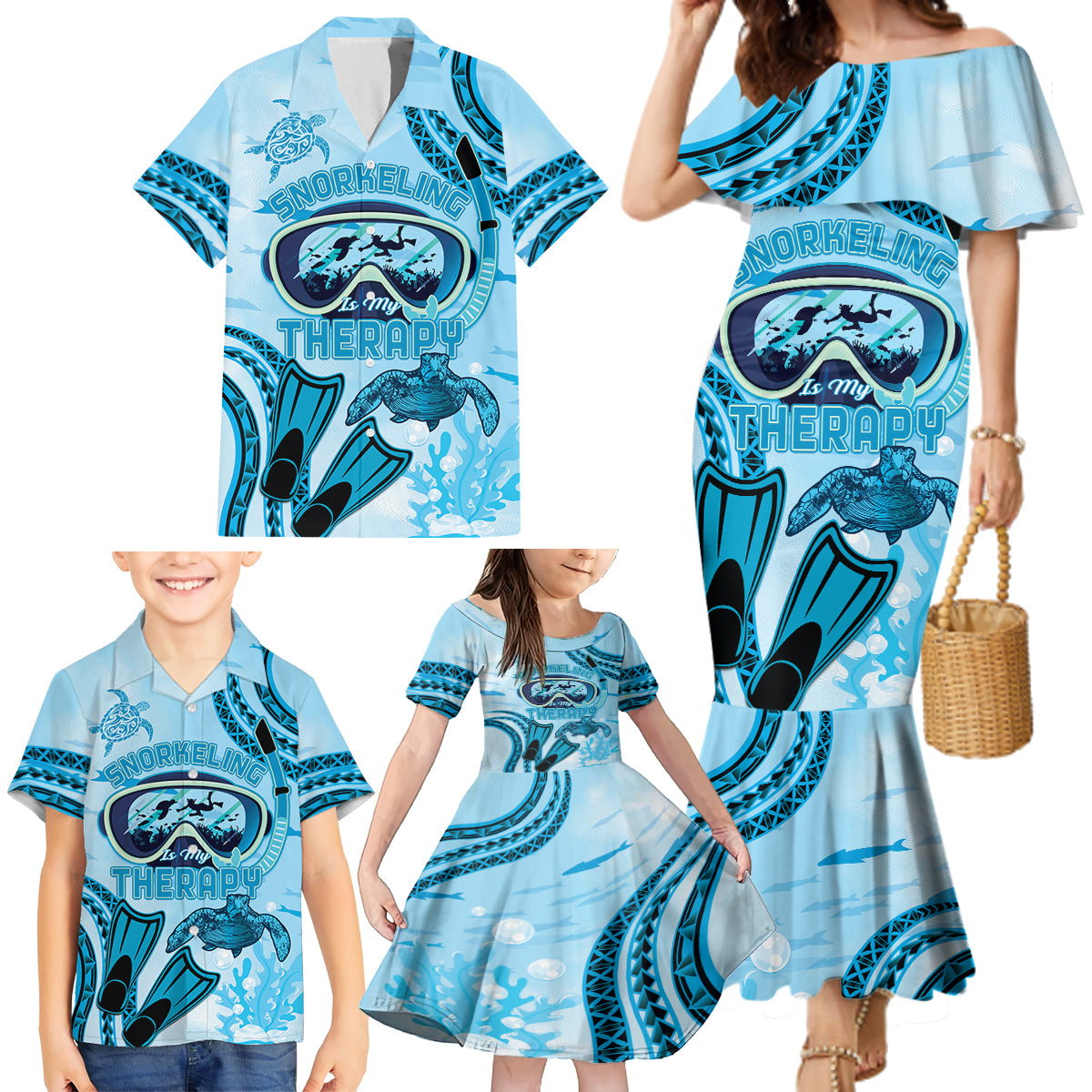 Hawaii Sea Turtle Snorkeling Is My Therapy Family Matching Mermaid Dress and Hawaiian Shirt LT14 - Polynesian Pride