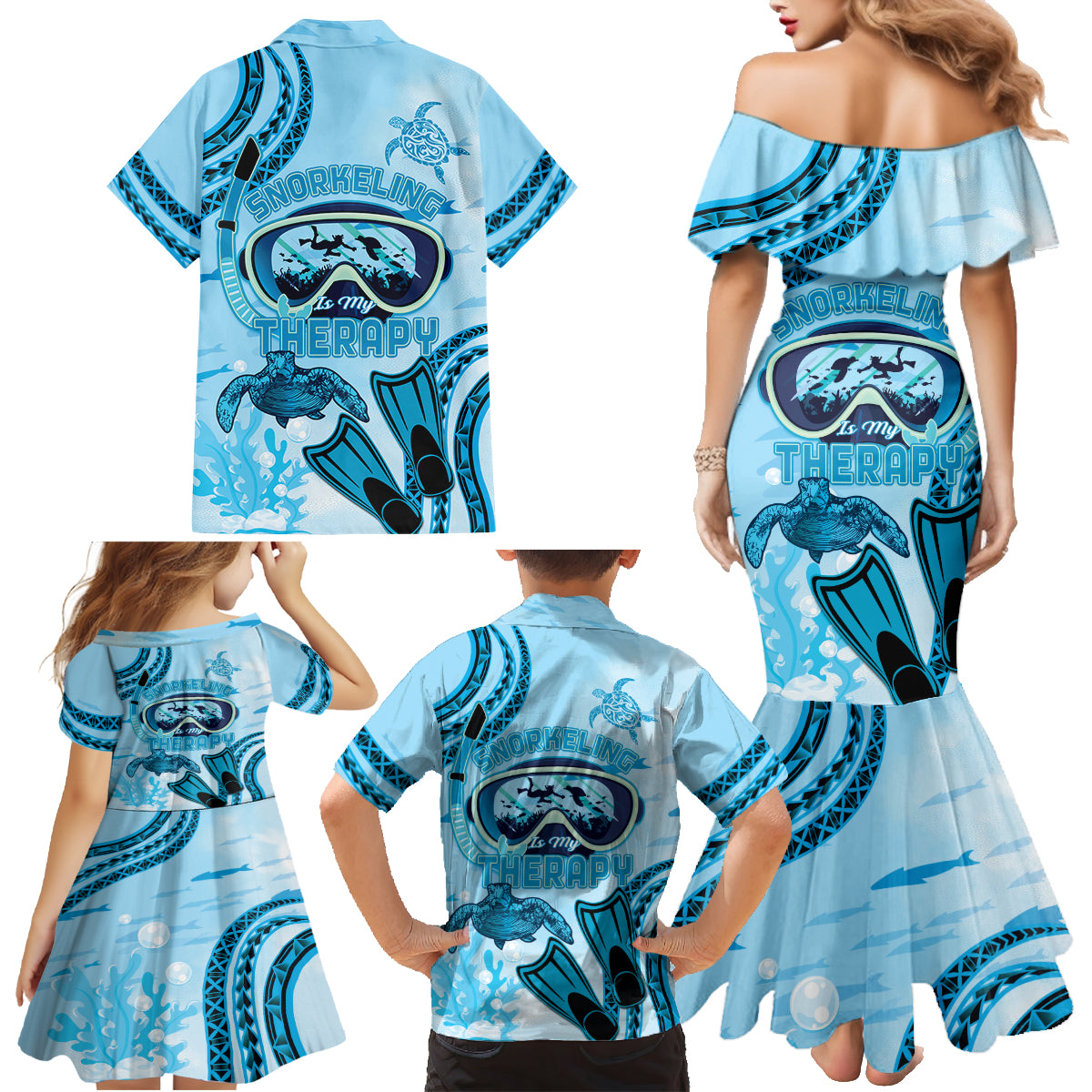 Hawaii Sea Turtle Snorkeling Is My Therapy Family Matching Mermaid Dress and Hawaiian Shirt LT14 - Polynesian Pride