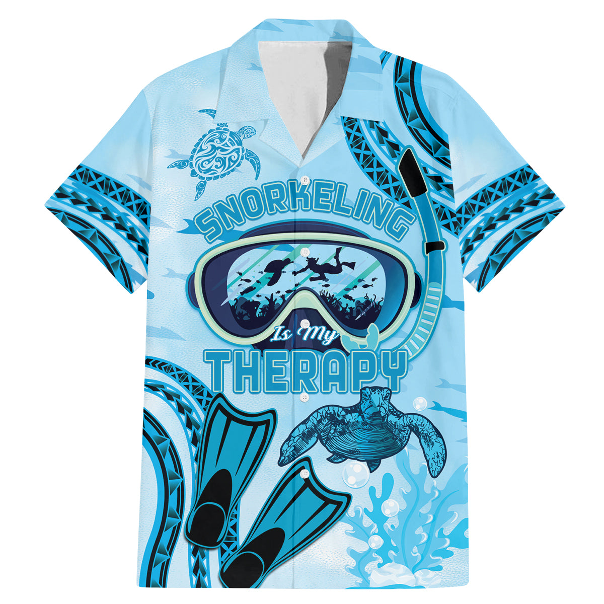 Hawaii Sea Turtle Snorkeling Is My Therapy Family Matching Mermaid Dress and Hawaiian Shirt LT14 Dad's Shirt - Short Sleeve Blue - Polynesian Pride