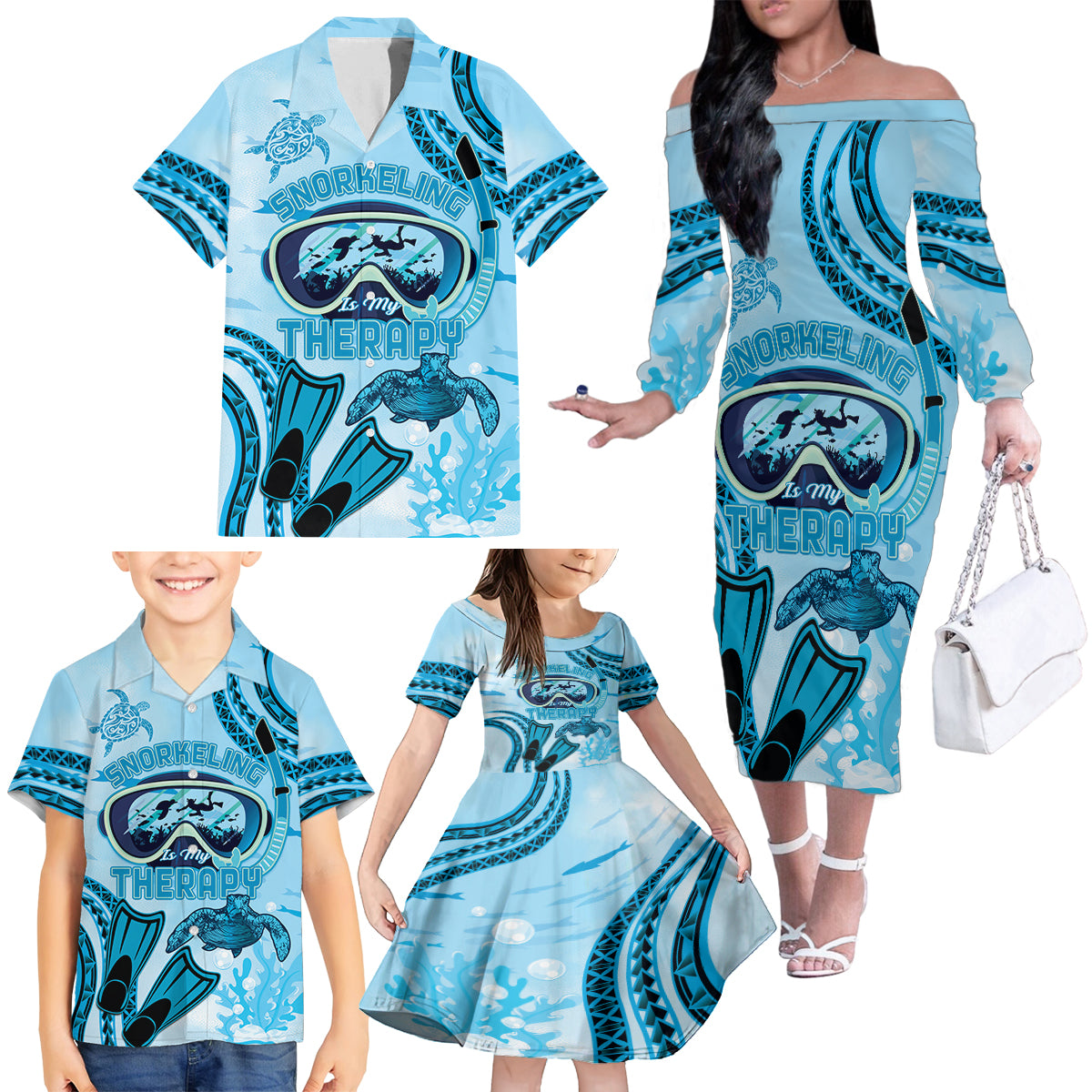 Hawaii Sea Turtle Snorkeling Is My Therapy Family Matching Off The Shoulder Long Sleeve Dress and Hawaiian Shirt LT14 - Polynesian Pride