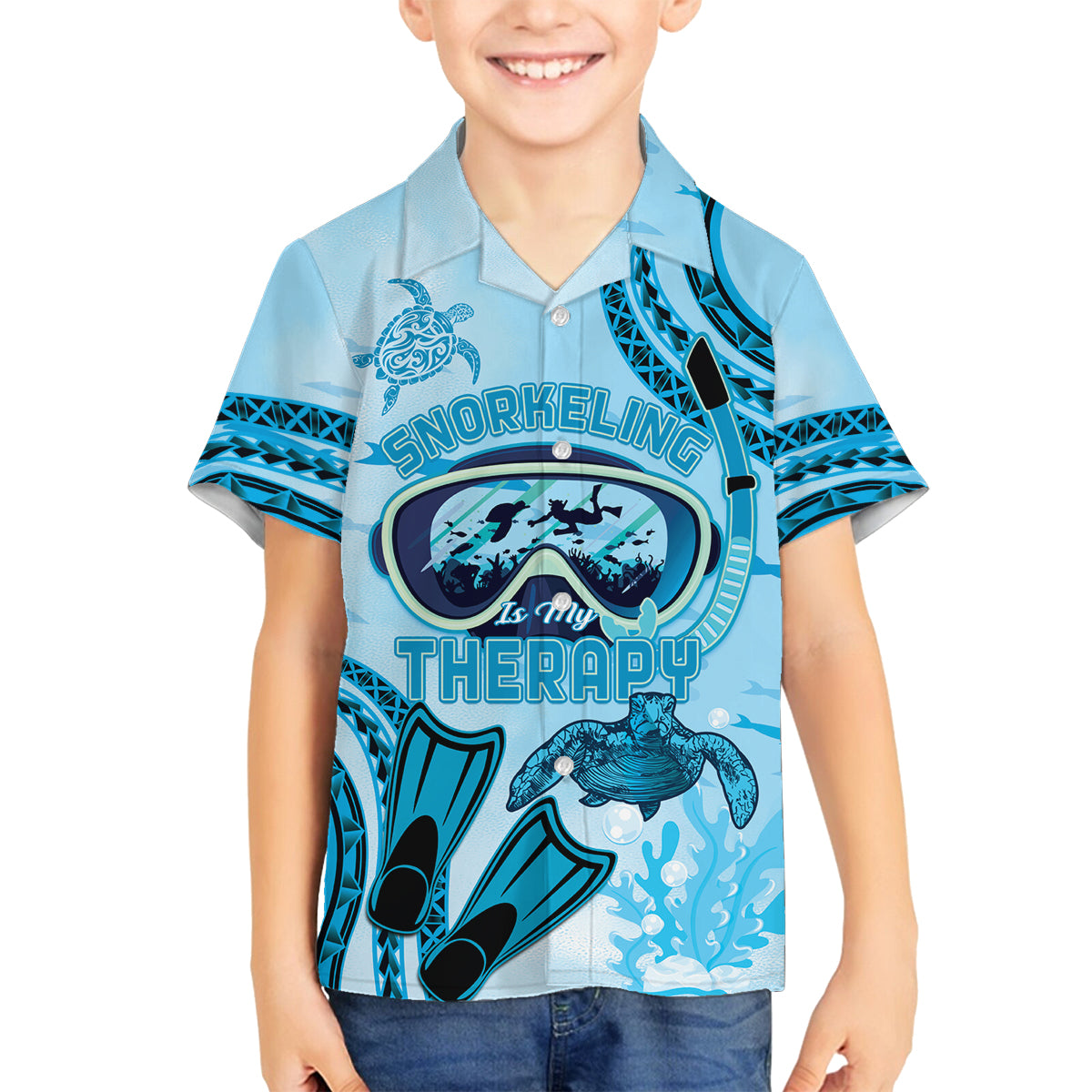 Hawaii Sea Turtle Snorkeling Is My Therapy Family Matching Off The Shoulder Long Sleeve Dress and Hawaiian Shirt LT14 Son's Shirt Blue - Polynesian Pride