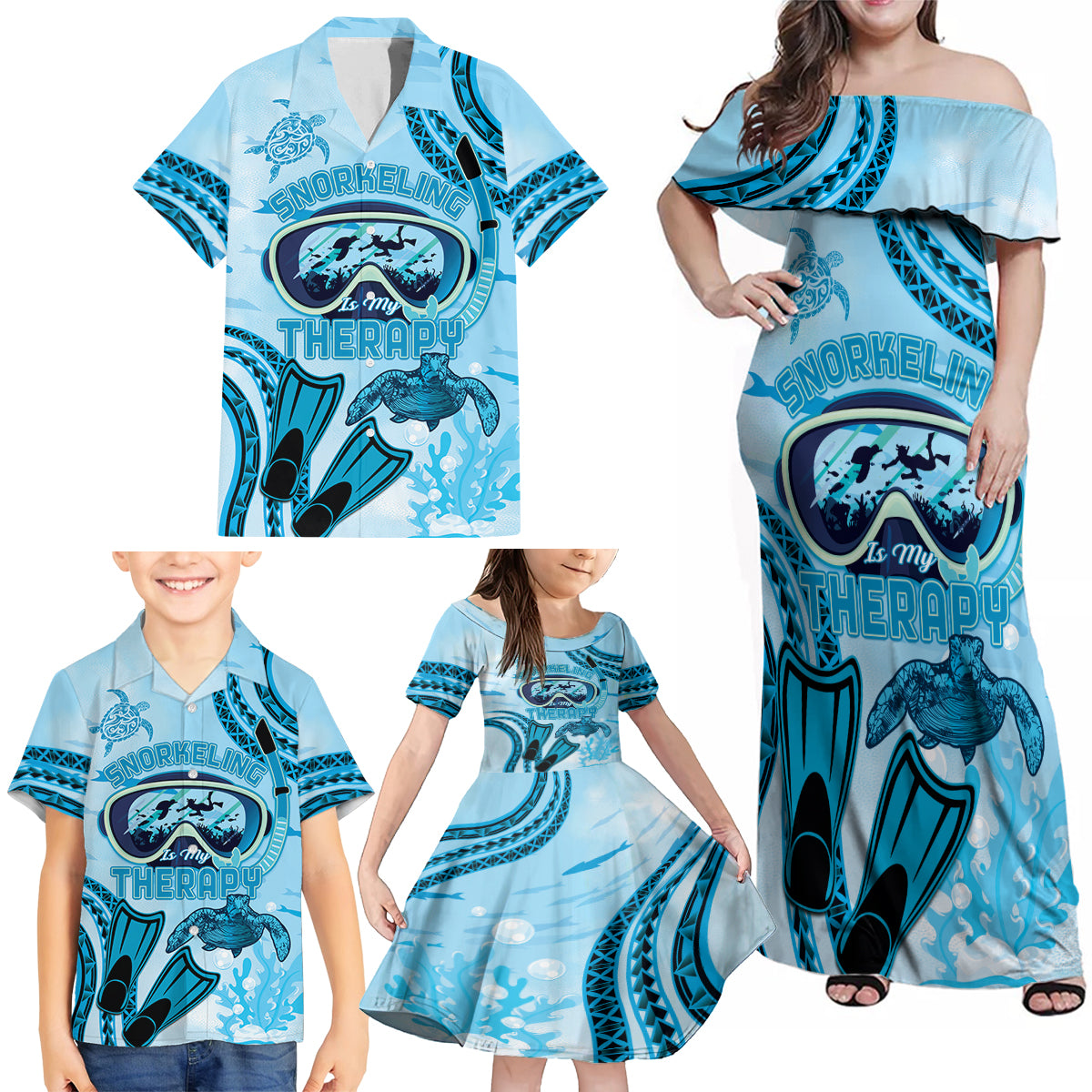 Hawaii Sea Turtle Snorkeling Is My Therapy Family Matching Off Shoulder Maxi Dress and Hawaiian Shirt LT14 - Polynesian Pride