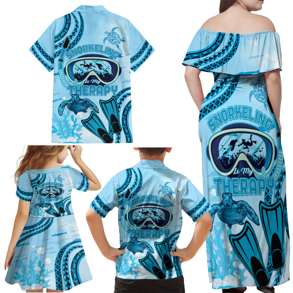 Hawaii Sea Turtle Snorkeling Is My Therapy Family Matching Off Shoulder Maxi Dress and Hawaiian Shirt LT14 - Polynesian Pride