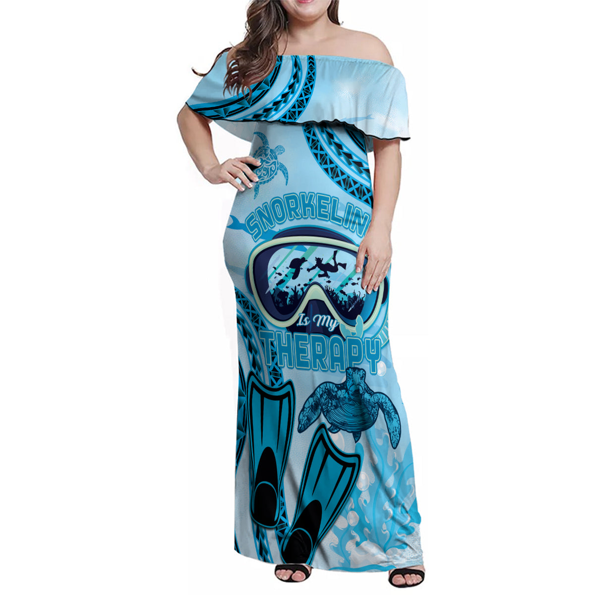 Hawaii Sea Turtle Snorkeling Is My Therapy Family Matching Off Shoulder Maxi Dress and Hawaiian Shirt LT14 Mom's Dress Blue - Polynesian Pride