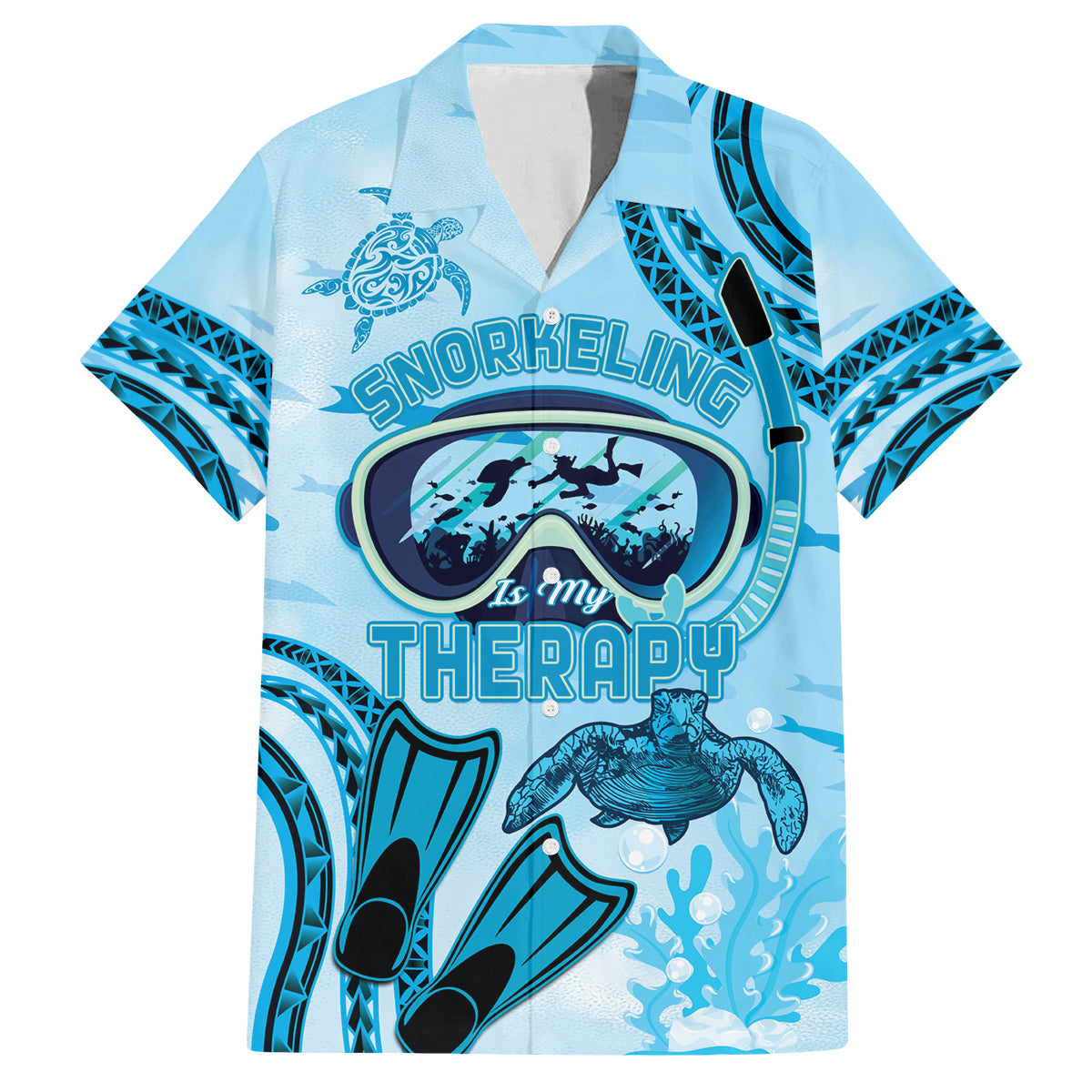 Hawaii Sea Turtle Snorkeling Is My Therapy Family Matching Off Shoulder Short Dress and Hawaiian Shirt LT14 Dad's Shirt - Short Sleeve Blue - Polynesian Pride
