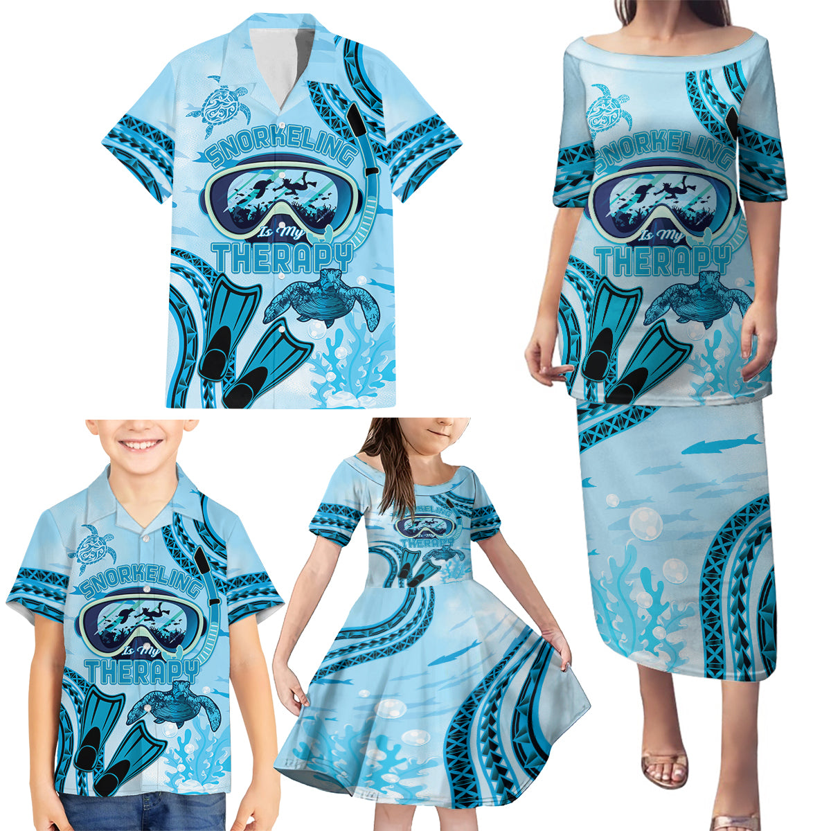 Hawaii Sea Turtle Snorkeling Is My Therapy Family Matching Puletasi and Hawaiian Shirt LT14 - Polynesian Pride