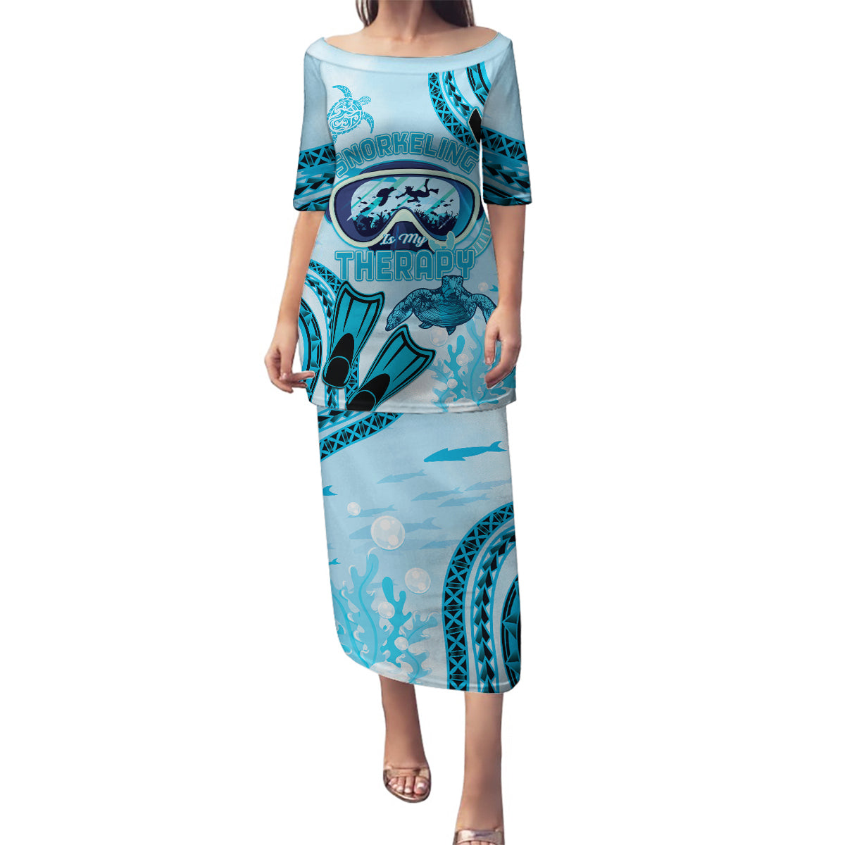 Hawaii Sea Turtle Snorkeling Is My Therapy Family Matching Puletasi and Hawaiian Shirt LT14 Mom's Dress Blue - Polynesian Pride