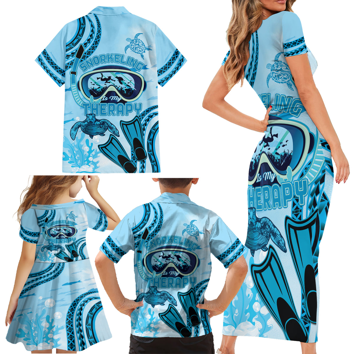 Hawaii Sea Turtle Snorkeling Is My Therapy Family Matching Short Sleeve Bodycon Dress and Hawaiian Shirt LT14 - Polynesian Pride