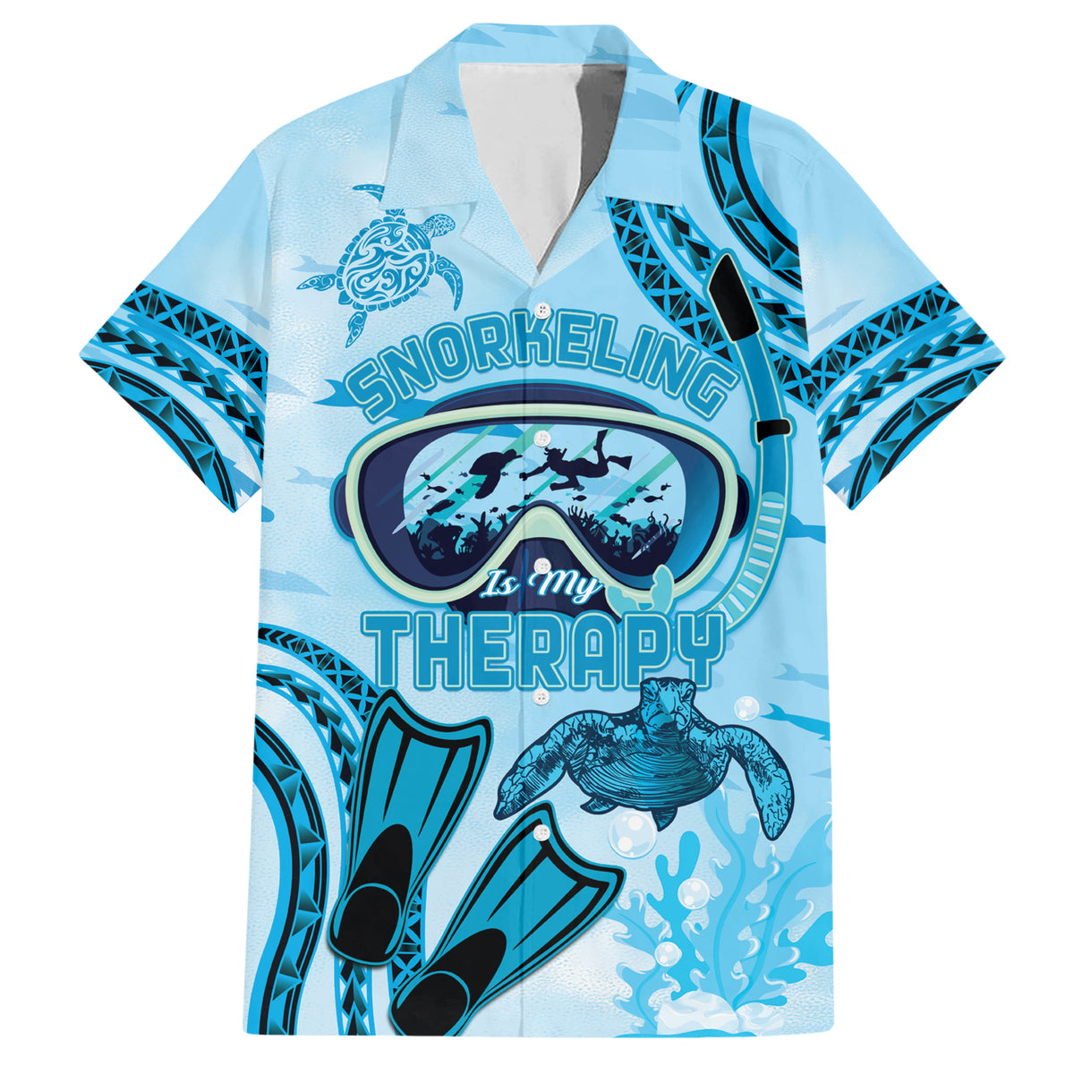 Hawaii Sea Turtle Snorkeling Is My Therapy Family Matching Short Sleeve Bodycon Dress and Hawaiian Shirt LT14 Dad's Shirt - Short Sleeve Blue - Polynesian Pride