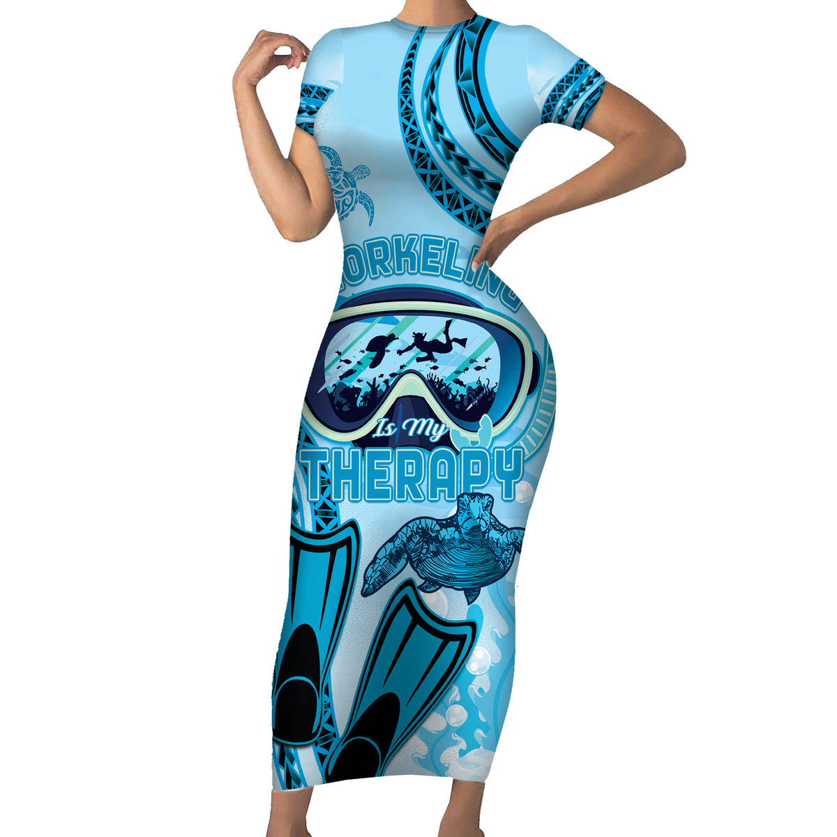 Hawaii Sea Turtle Snorkeling Is My Therapy Family Matching Short Sleeve Bodycon Dress and Hawaiian Shirt LT14 Mom's Dress Blue - Polynesian Pride