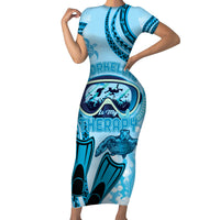 Hawaii Sea Turtle Snorkeling Is My Therapy Family Matching Short Sleeve Bodycon Dress and Hawaiian Shirt LT14 Mom's Dress Blue - Polynesian Pride
