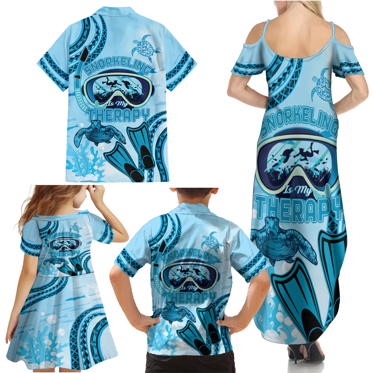 Hawaii Sea Turtle Snorkeling Is My Therapy Family Matching Summer Maxi Dress and Hawaiian Shirt LT14 - Polynesian Pride