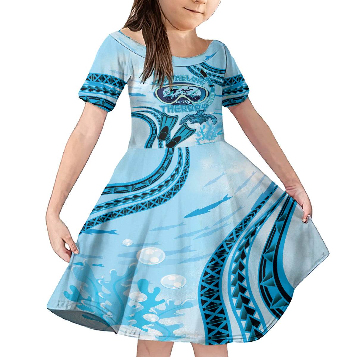 Hawaii Sea Turtle Snorkeling Is My Therapy Kid Short Sleeve Dress LT14 KID Blue - Polynesian Pride