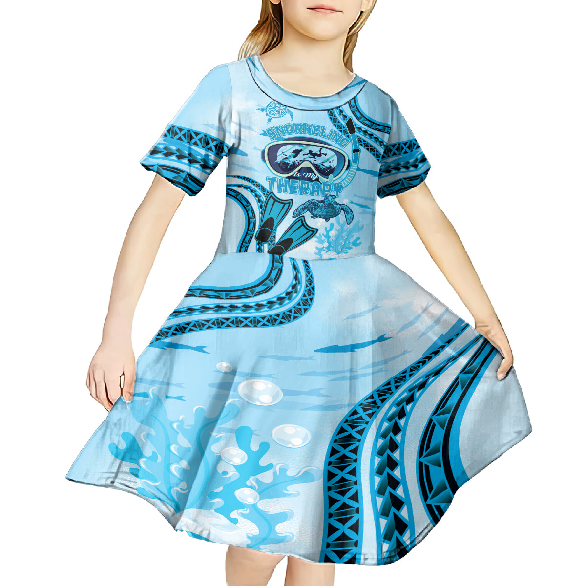Hawaii Sea Turtle Snorkeling Is My Therapy Kid Short Sleeve Dress LT14 - Polynesian Pride