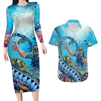 Hawaii Snorkeling Honu Turtle Couples Matching Long Sleeve Bodycon Dress and Hawaiian Shirt Under The Ocean Vibes LT14 Blue - Polynesian Pride