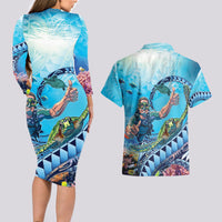 Hawaii Snorkeling Honu Turtle Couples Matching Long Sleeve Bodycon Dress and Hawaiian Shirt Under The Ocean Vibes LT14 - Polynesian Pride