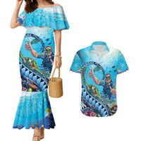 Hawaii Snorkeling Honu Turtle Couples Matching Mermaid Dress and Hawaiian Shirt Under The Ocean Vibes LT14 Blue - Polynesian Pride