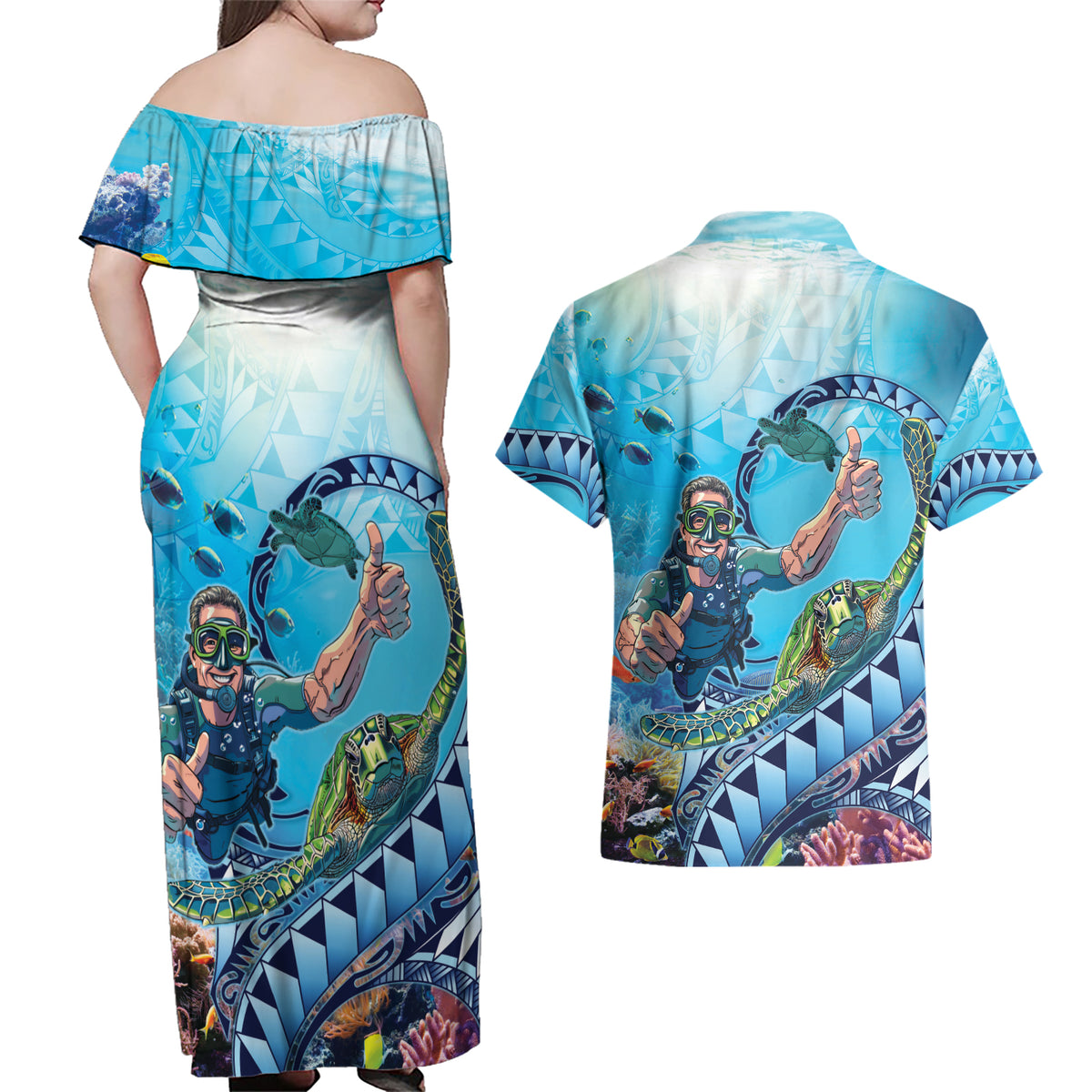 Hawaii Snorkeling Honu Turtle Couples Matching Off Shoulder Maxi Dress and Hawaiian Shirt Under The Ocean Vibes LT14 - Polynesian Pride