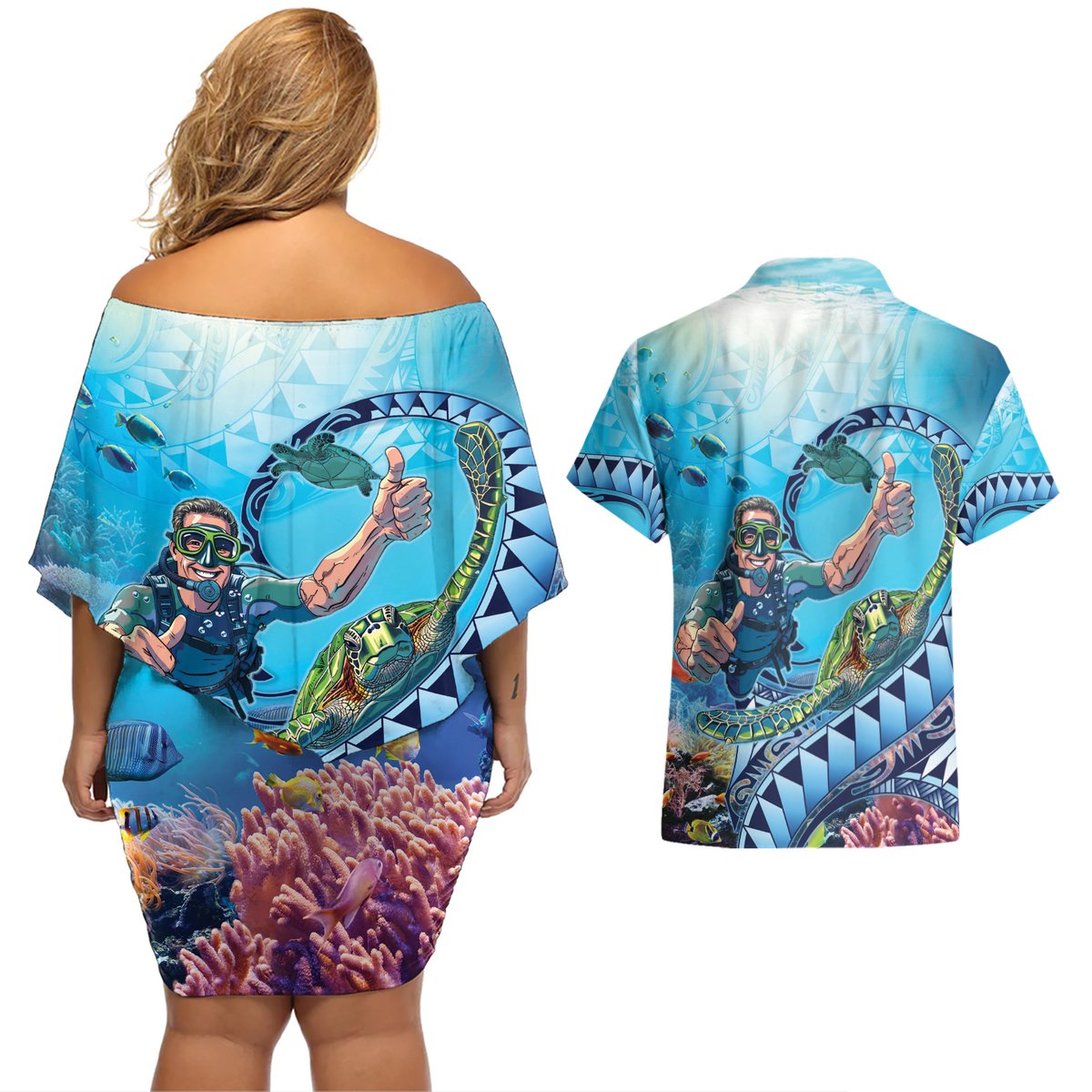 Hawaii Snorkeling Honu Turtle Couples Matching Off Shoulder Short Dress and Hawaiian Shirt Under The Ocean Vibes LT14 - Polynesian Pride