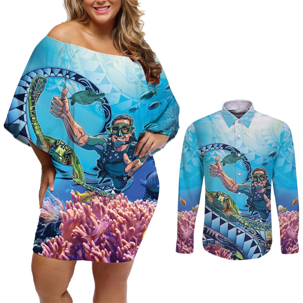 Hawaii Snorkeling Honu Turtle Couples Matching Off Shoulder Short Dress and Long Sleeve Button Shirt Under The Ocean Vibes
