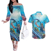 Hawaii Snorkeling Honu Turtle Couples Matching Off The Shoulder Long Sleeve Dress and Hawaiian Shirt Under The Ocean Vibes LT14 Blue - Polynesian Pride