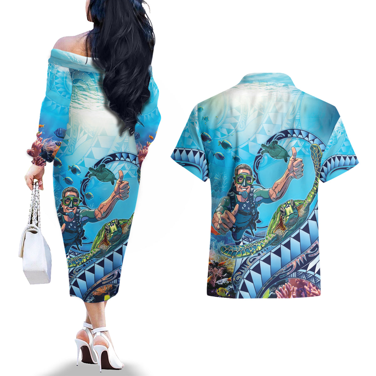 Hawaii Snorkeling Honu Turtle Couples Matching Off The Shoulder Long Sleeve Dress and Hawaiian Shirt Under The Ocean Vibes LT14 - Polynesian Pride