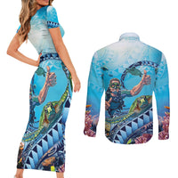 Hawaii Snorkeling Honu Turtle Couples Matching Short Sleeve Bodycon Dress and Long Sleeve Button Shirt Under The Ocean Vibes LT14 - Polynesian Pride
