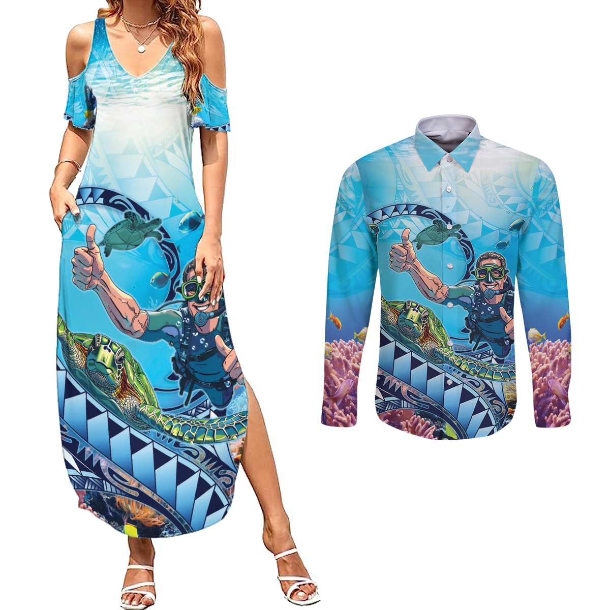 Hawaii Snorkeling Honu Turtle Couples Matching Summer Maxi Dress and Long Sleeve Button Shirt Under The Ocean Vibes