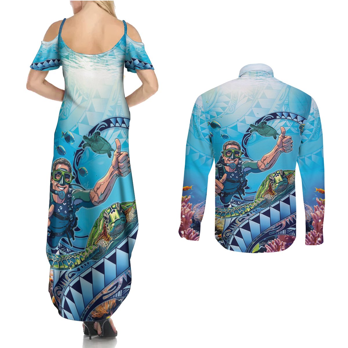 Hawaii Snorkeling Honu Turtle Couples Matching Summer Maxi Dress and Long Sleeve Button Shirt Under The Ocean Vibes