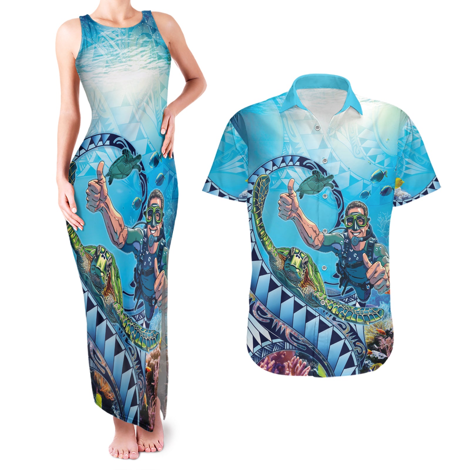 Hawaii Snorkeling Honu Turtle Couples Matching Tank Maxi Dress and Hawaiian Shirt Under The Ocean Vibes