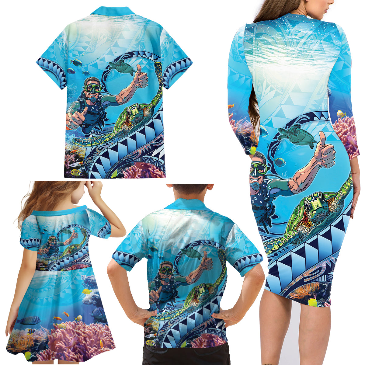 Hawaii Snorkeling Honu Turtle Family Matching Long Sleeve Bodycon Dress and Hawaiian Shirt Under The Ocean Vibes LT14 - Polynesian Pride
