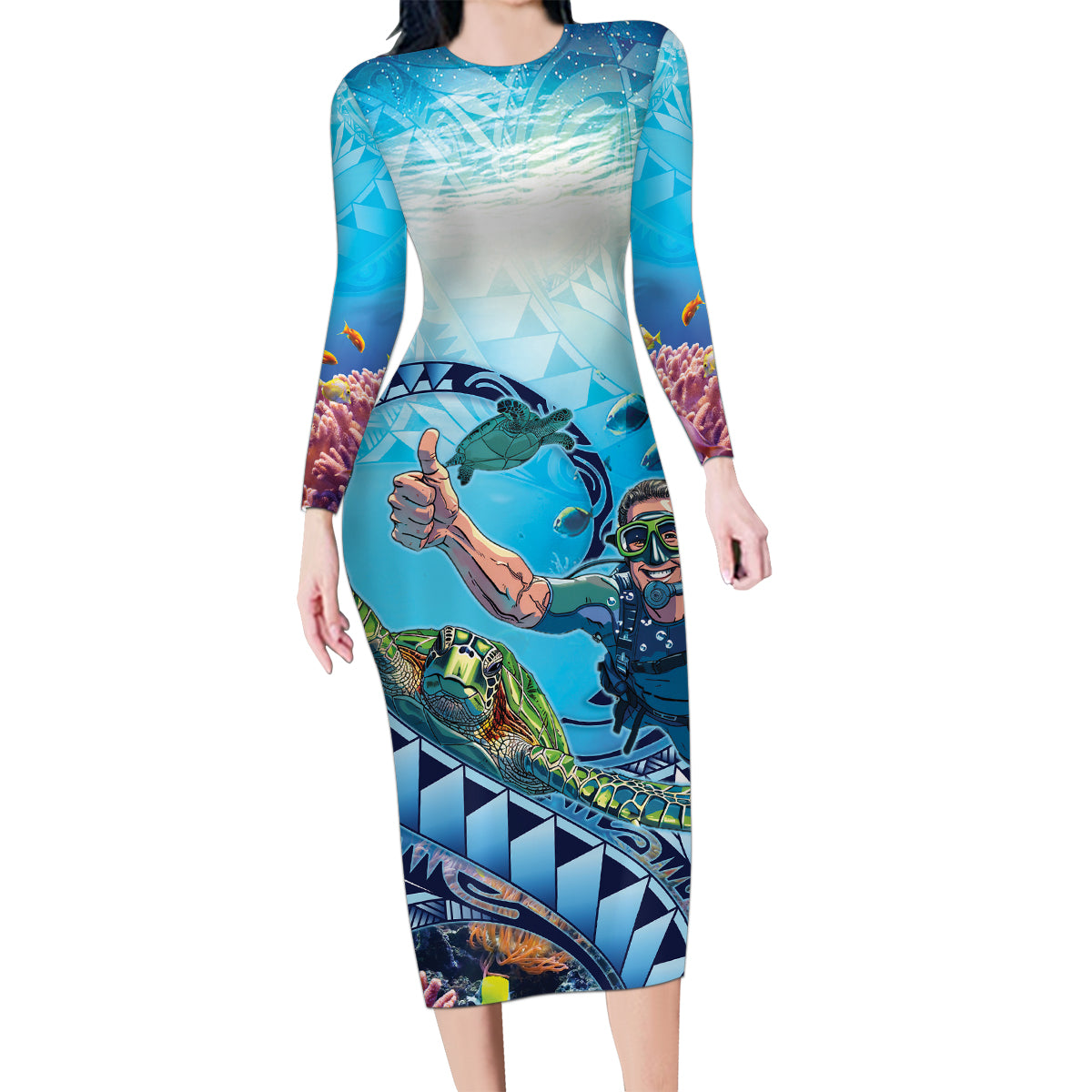 Hawaii Snorkeling Honu Turtle Family Matching Long Sleeve Bodycon Dress and Hawaiian Shirt Under The Ocean Vibes LT14 Mom's Dress Blue - Polynesian Pride
