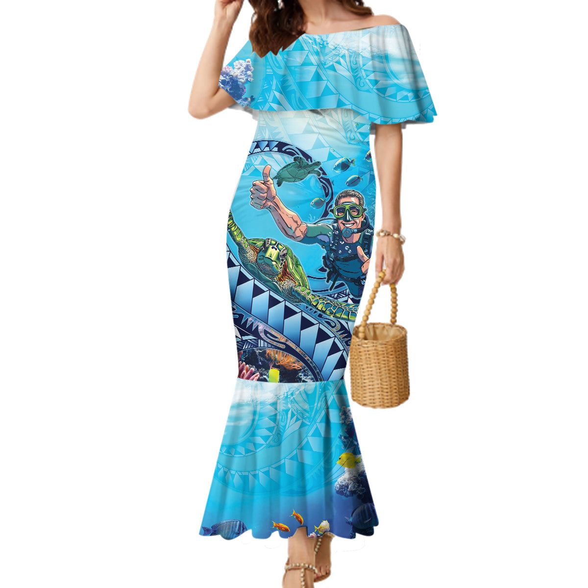 Hawaii Snorkeling Honu Turtle Family Matching Mermaid Dress and Hawaiian Shirt Under The Ocean Vibes LT14 Mom's Dress Blue - Polynesian Pride