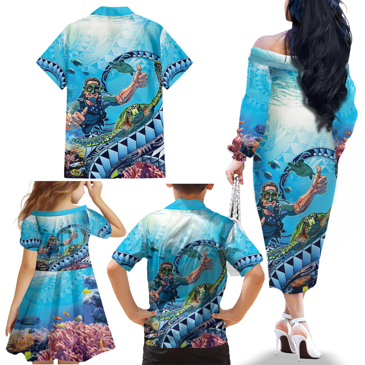 Hawaii Snorkeling Honu Turtle Family Matching Off The Shoulder Long Sleeve Dress and Hawaiian Shirt Under The Ocean Vibes LT14 - Polynesian Pride