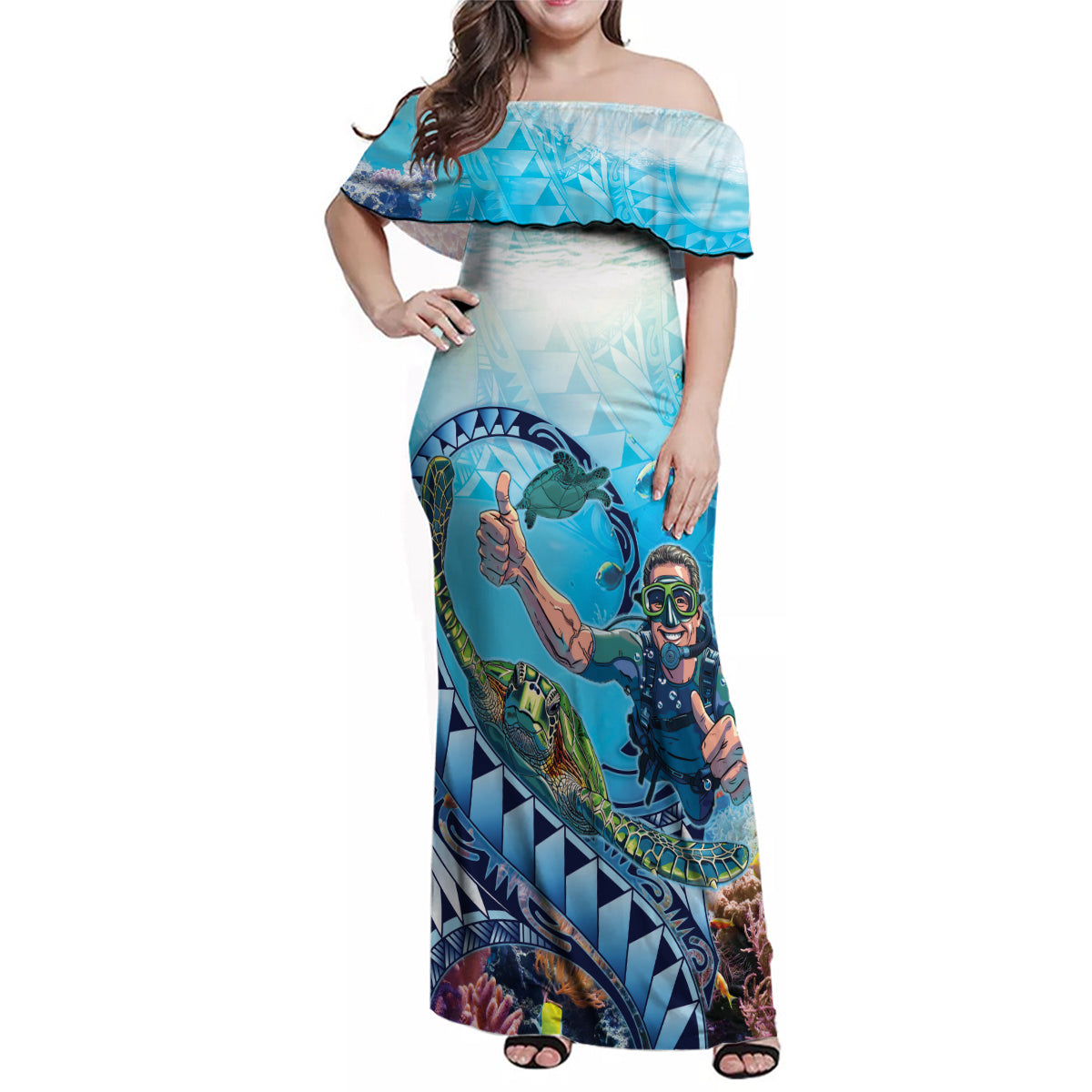 Hawaii Snorkeling Honu Turtle Family Matching Off Shoulder Maxi Dress and Hawaiian Shirt Under The Ocean Vibes LT14 Mom's Dress Blue - Polynesian Pride