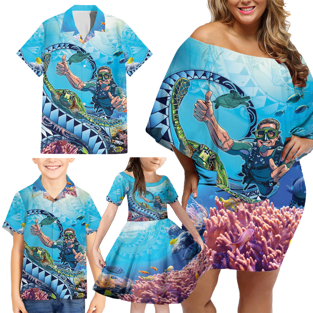 Hawaii Snorkeling Honu Turtle Family Matching Off Shoulder Short Dress and Hawaiian Shirt Under The Ocean Vibes LT14 - Polynesian Pride